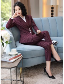 女式三粒扣條紋西裝酒紅色